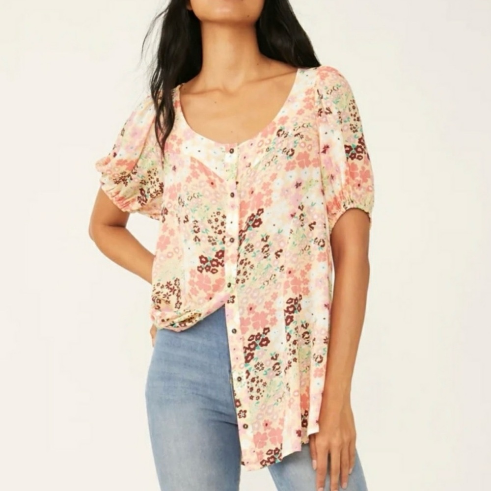 Free People Colorful Floral Print Draped Short Sleeve Buttondown Tunic Top M